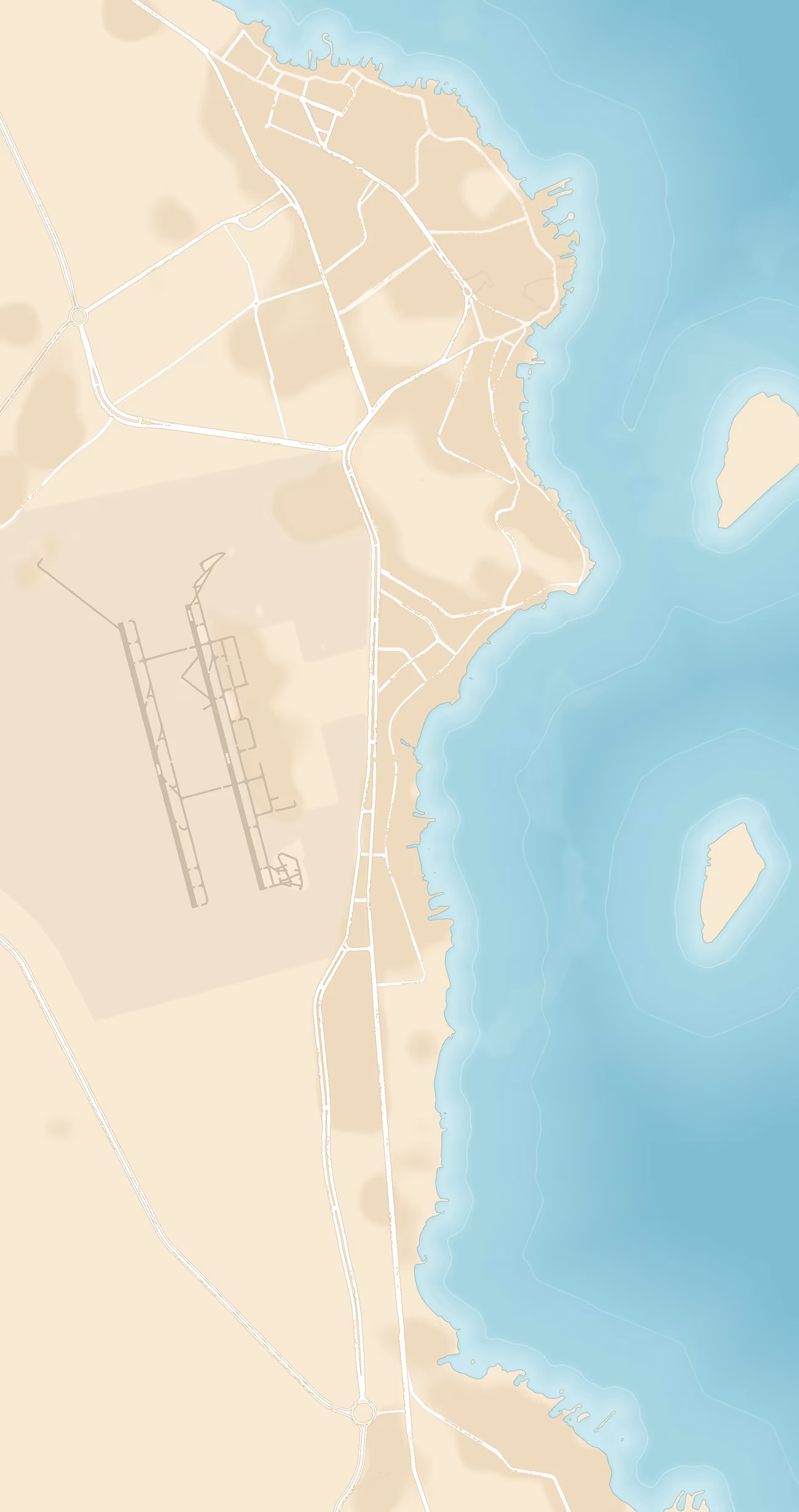 Getekende kaart van Hurghada met Sunrise Crystal Bay Resort in het zuiden, het Grand Aquarium, het Hurghada Museum en de luchthaven op weg naar het centrum