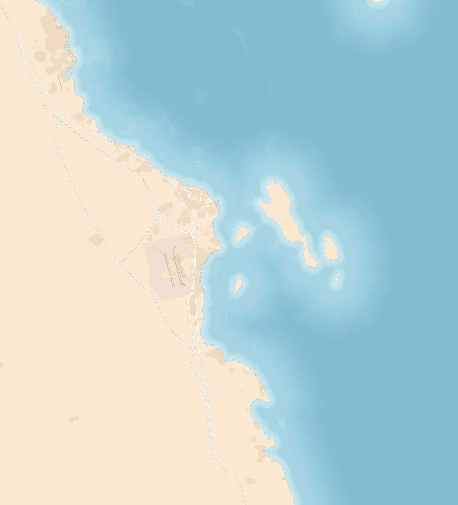 Kaart van de kust rond Hurghada aan de Rode Zee met de stad en de luchthaven, Sunrise Crystal Bay Resort ten zuiden daarvan, de Giftun-eilanden voor de kust en verder zuidelijk Sahl Hasheesh en Makadi Bay